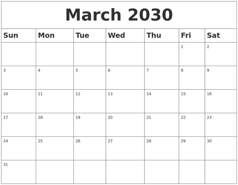 March 2030 Blank Calendar