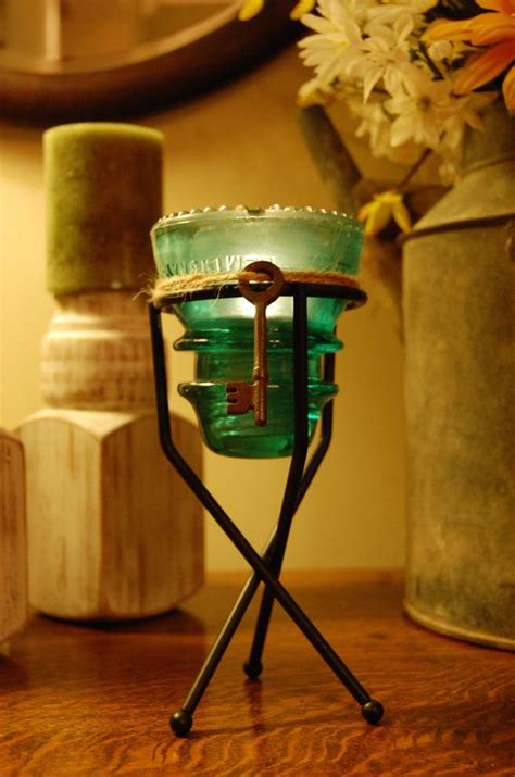 Aqua Glass Insulator And Wrought Iron Candle Holder Wskeleton Etsy