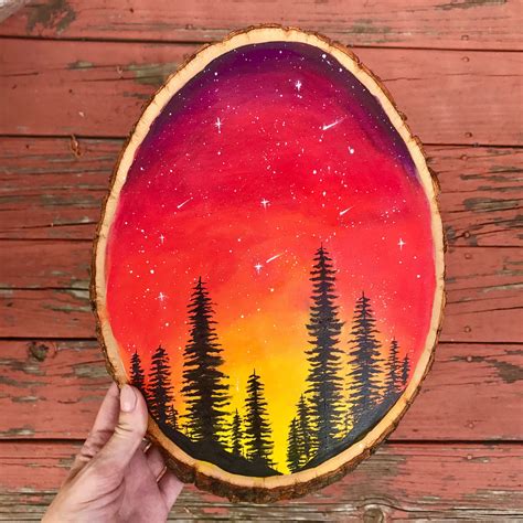 Galaxy Night Sky Forest Wood Slice Painting Wanderlust Decor Etsy