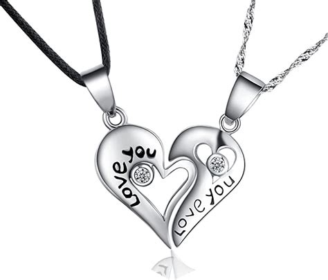 Sterling Silver Two Piece Heart Love You Couples Pendant Necklace Set