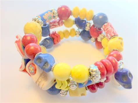 Sugar Skull Bracelet In Red Blue Yellow And Rose Memory Wire Etsy