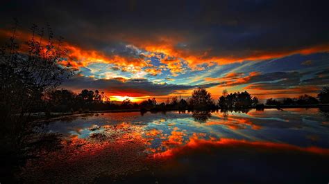 Hd Wallpaper Reflection Sky Water Sunset Dawn Afterglow Red Sky