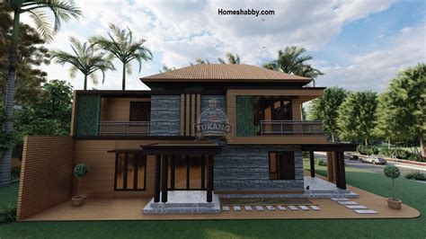 Desain Rumah Kayu Modern Tropis 2 Lantai Ukuran 12 X 8 Meter