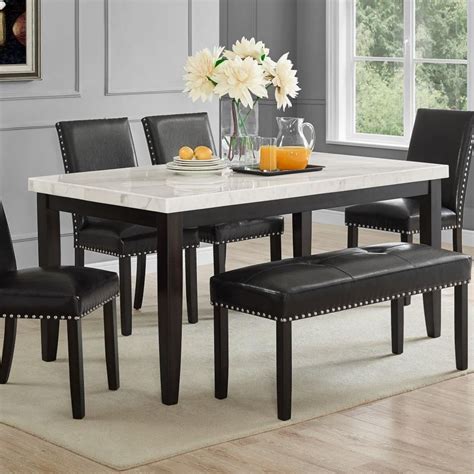 Nathan james 41202 viktor dining set kitchen pub table marble top fabric seat wood base light gray/dark brown. Steve Silver Westby Transitional White Marble Top Dining Table | A1 Furniture & Mattress ...