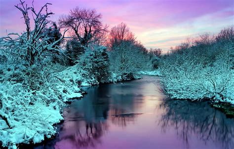 Winter Reflections Water Snow Sunset Trees Sky Hd Wallpaper Peakpx