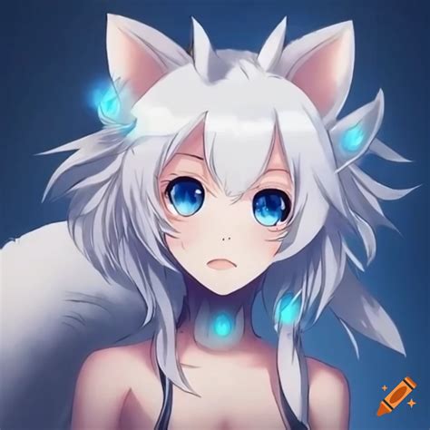 White Anime Fox With Blue Eyes