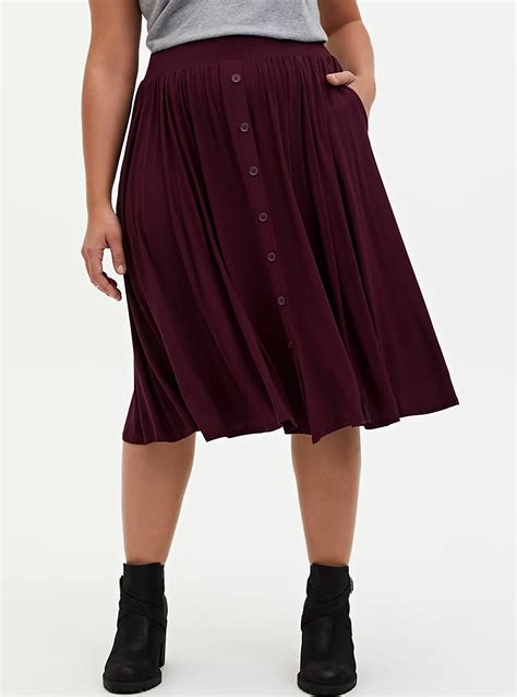 Plus Size Super Soft Burgundy Purple Button Midi Skirt Torrid