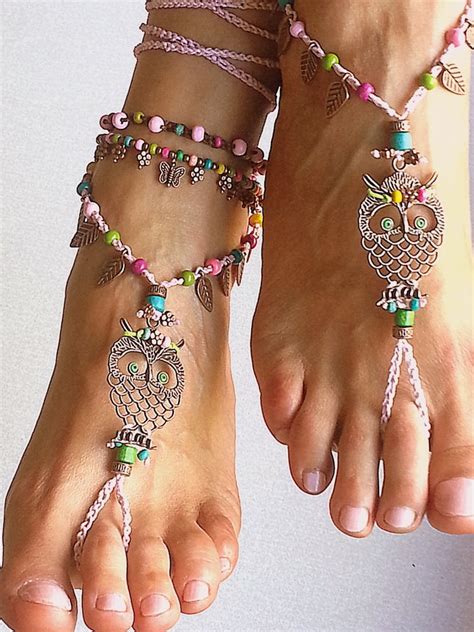 boho barefoot sandals crochet sandals owl pink hippie etsy
