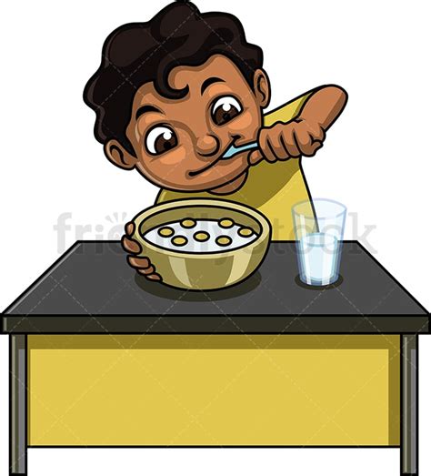 Little Boy Eating Cereal Breakfast Cartoon Clipart Vector Friendlystock