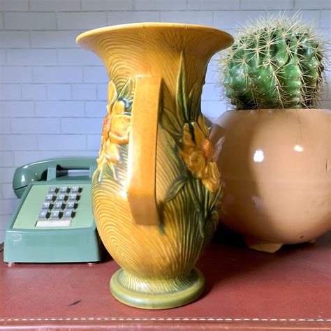 Vintage Roseville Pottery Handled Vase 1940s Orange Yellow Etsy