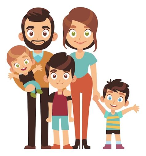 Concepto De Familia Numerosa Padres De Dibujos Animados Con Tres Hijos
