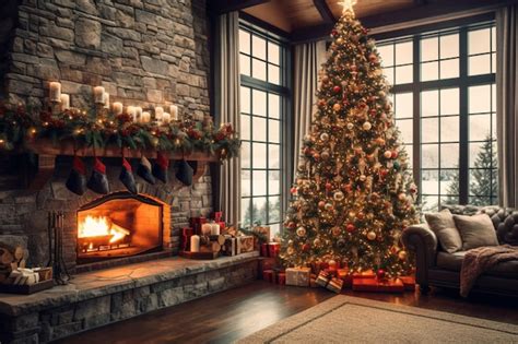 Gemütliches Wohnzimmer Mit Kamin Und Weihnachtsbaum Im Klassischen Interieur Frohe Weihnachten