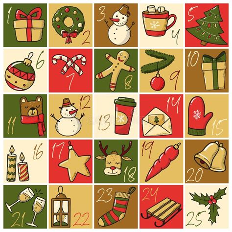 Christmas Advent Calendar Decorated With Doodles Stock Vector