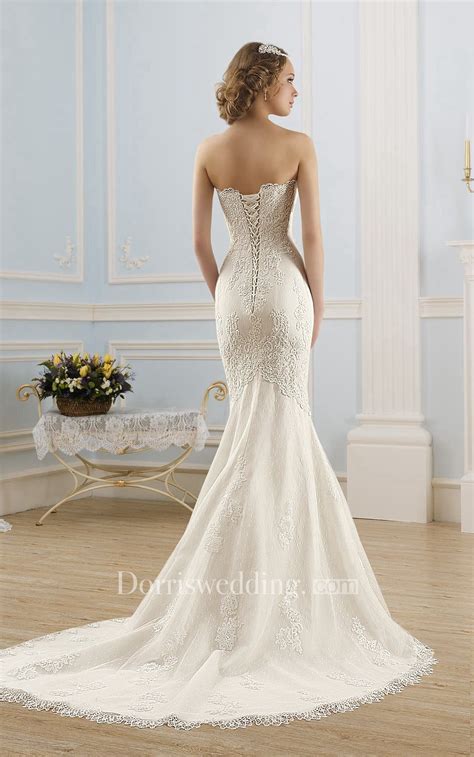 Mermaid Long Strapless Sleeveless Corset Back Lace Tulle Dress With Appliques And Beading