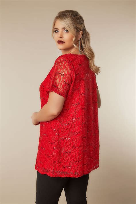 Red Lace Shell Top With Sequin Details Plus Size 16 To 36