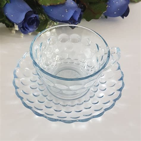 Tea Cup And Saucer Vintage Anchor Hocking Blue Bubble Glass Blue