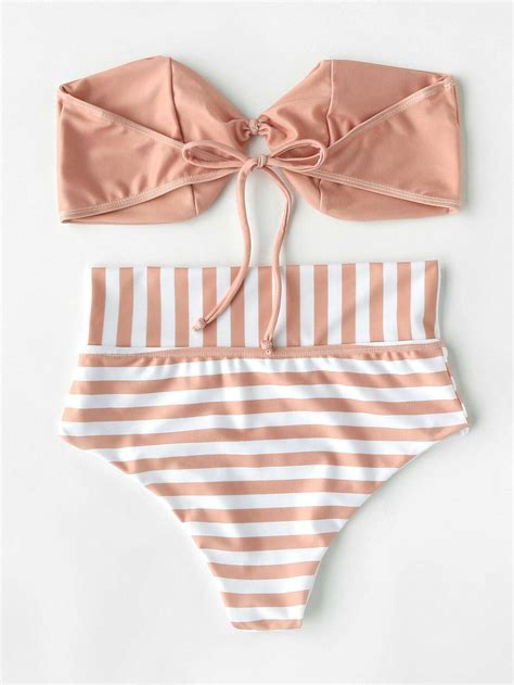 Striped Print Bandeau Bikini Set Shein Sheinside 20256 Hot Sex Picture