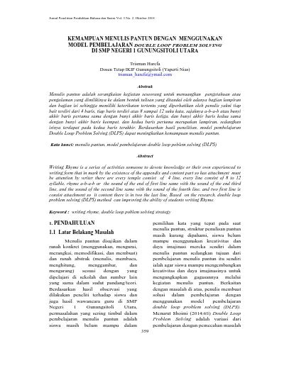 Kemampuan Menulis Pantun Dengan Menggunakan Model Pembelajaran Double Loop Problem Solving Di