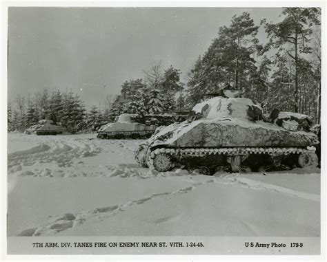7th Armored Division M4 Sherman Tanks In Snow Covered Forest Near Saint
