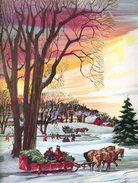 Colorful Christmas Sleigh Ride Winter Scene Vintage Art Ebay