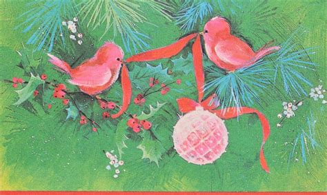 Vintage Unused Christmas Card Glitter Norcross Pink Birds W Ribbon