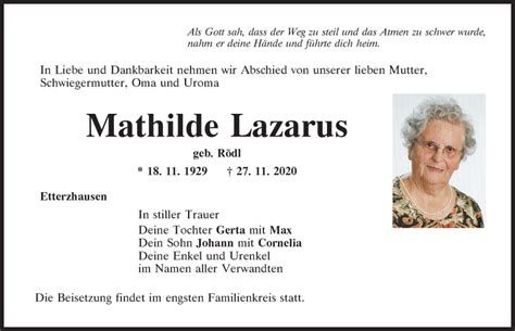 Traueranzeigen Von Mathilde Lazarus Mittelbayerische Trauer My XXX