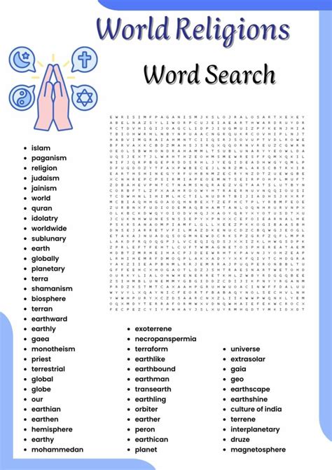 World Religions Word Search Puzzle Work Sheet Activities For Kids