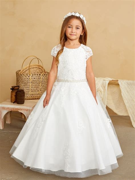 First Communion Dress With Lace Bodice Accents And Cap Sleeves