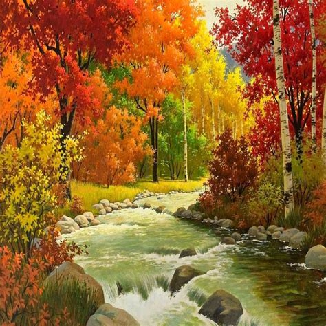 Autumn Stream Landscape Wallpaper Autumn Landscape Oil Painting