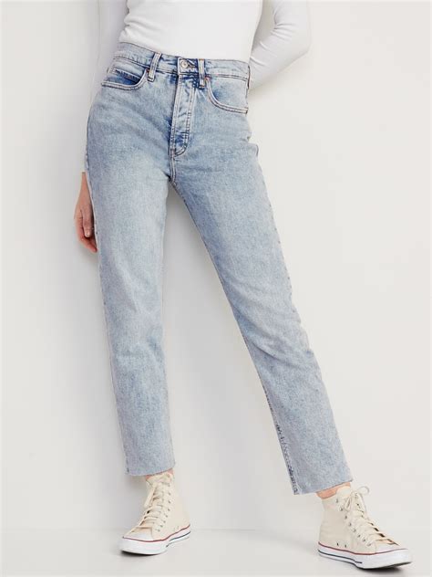 Extra High Waisted Button Fly Sky Hi Straight Raw Hem Jeans For Women