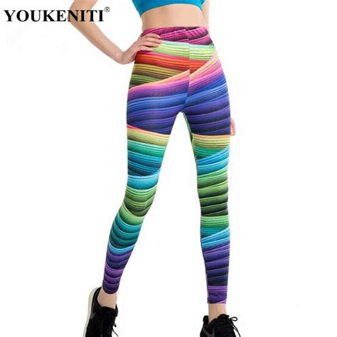 Youkeniti New Brand Printed Stripe Legging Colorful Printed Slim Skinny