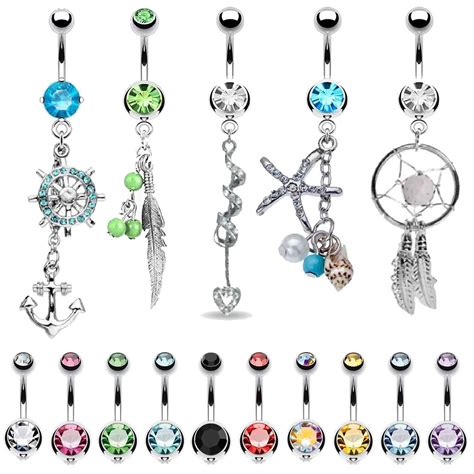 Bodyj4you 15 Belly Button Rings Dangle Barbells 14g Multicolor Surgical Steel Cz Navel Body