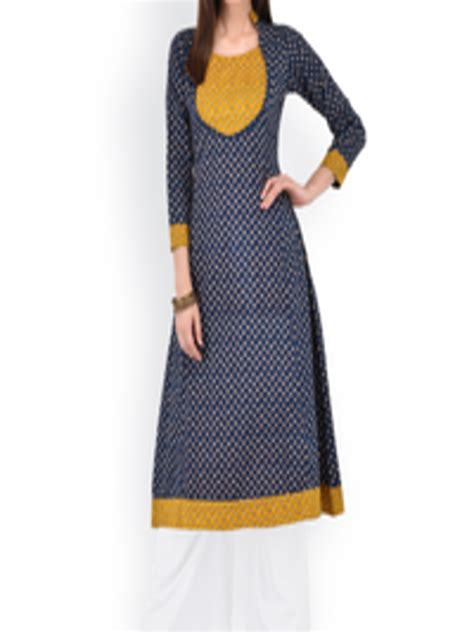 Buy Ives Women Navy Blue And Mustard Printed Anarkali Kurta Kurtas For