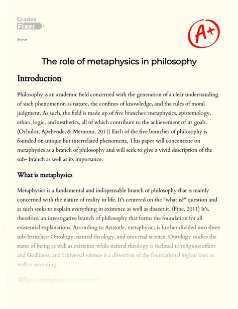The Role Of Metaphysics In Philosophy Essay Example 472 Words