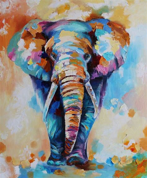 Colorful Elephant Painting Modern Multicolor Animals Art Oil On Canvas