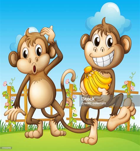 Two Monkeys With Banana Inside The Fence Stock Illustration Download