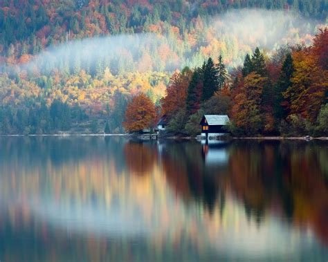 Free Download October Forest Lake Cabin Reflection Wallpapers Photos