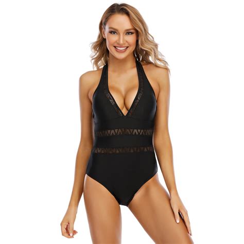 Wholesale Sexy Halter V Neck One Piece Bodysuit Swimsuit Bikini With Hollow Out Mesh China