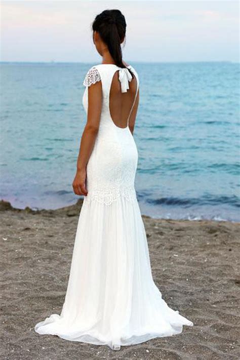 Open Back Cap Sleeves Scoop Lace White Beach Wedding Dresses Simidress