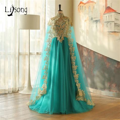 Muslim 2 Pieces Evening Dresses With Cloak Gold Appliques Moroccan