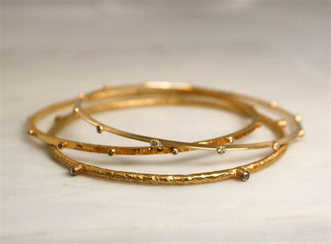 Set 3 Solid Gold Diamond Bangle Bracelets In 18k Solid Gold Wedding Jewelry Earrings Bangles