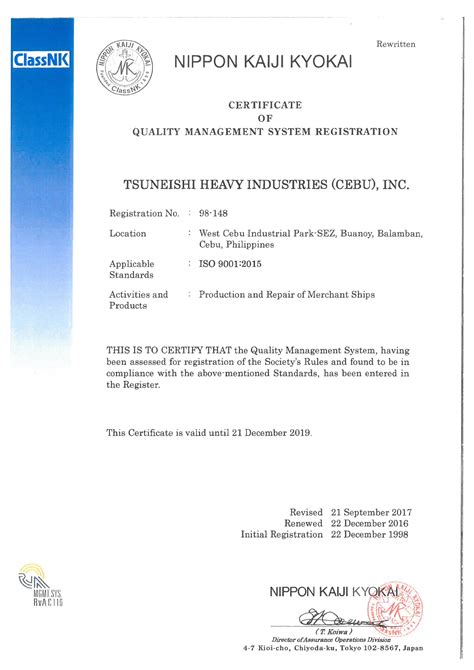 tsuneishi heavy industries cebu acquires iso 9001 14001 2015 certification ｜news｜ tsuneishi
