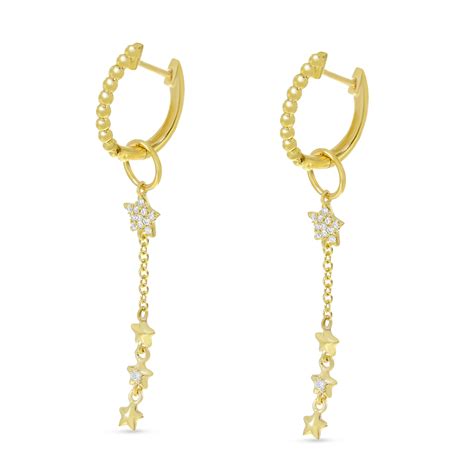 Colormerchants 14K Yellow Gold Diamond Star Hoop Dangle Earrings