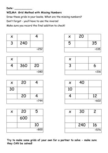 Grid Method Missing Numbers Worksheet