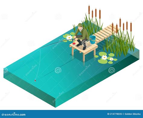 Fisherman With A Fishing Rod Isometric Fisherman With A Fishing Rod Is