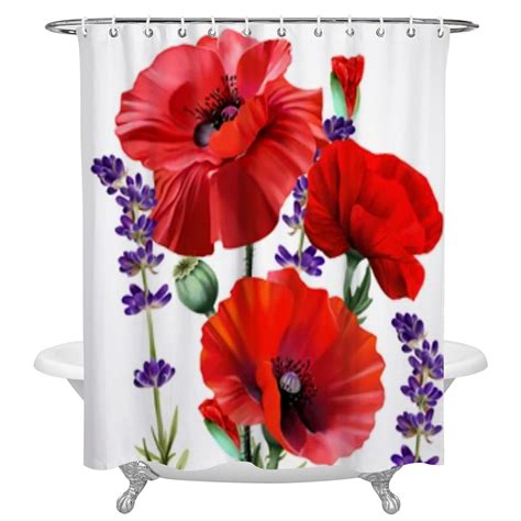 Red Poppies With Lavender Flowers Waterproof Shower Curtain Bathroom Curtain Polyester Fabric