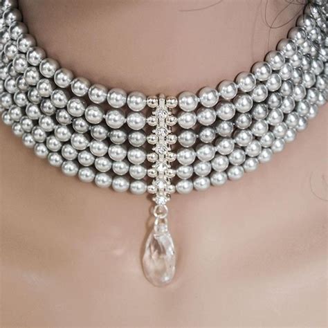 Multi Strand Grey Pearl Choker Swarovski Crystal Choker Necklace