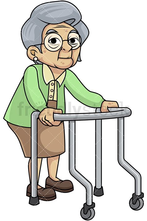 Frail Old Woman With Walker Cartoon Vector Clipart