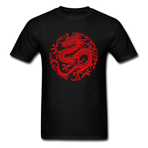 Fitted T Shirt Men Tops Traditional Red T Shirt Chinese Dragon Circle Tshirts Print Clothes