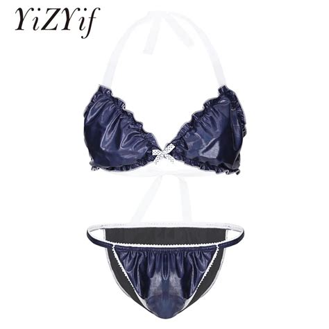 Buy Yizyif Sexy Mens Shiny Metallic Bikini Top Bra Gay Men Underwear Navy Blue
